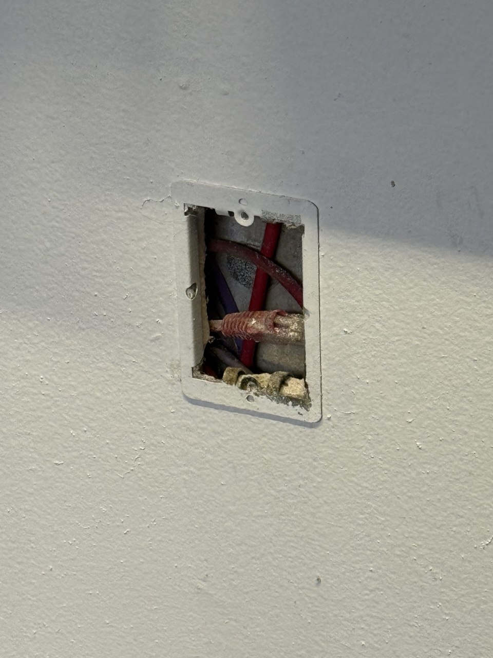 The open electrical box in the studio wall before the spigot went in, wiring exposed inside a recessed plastic frame