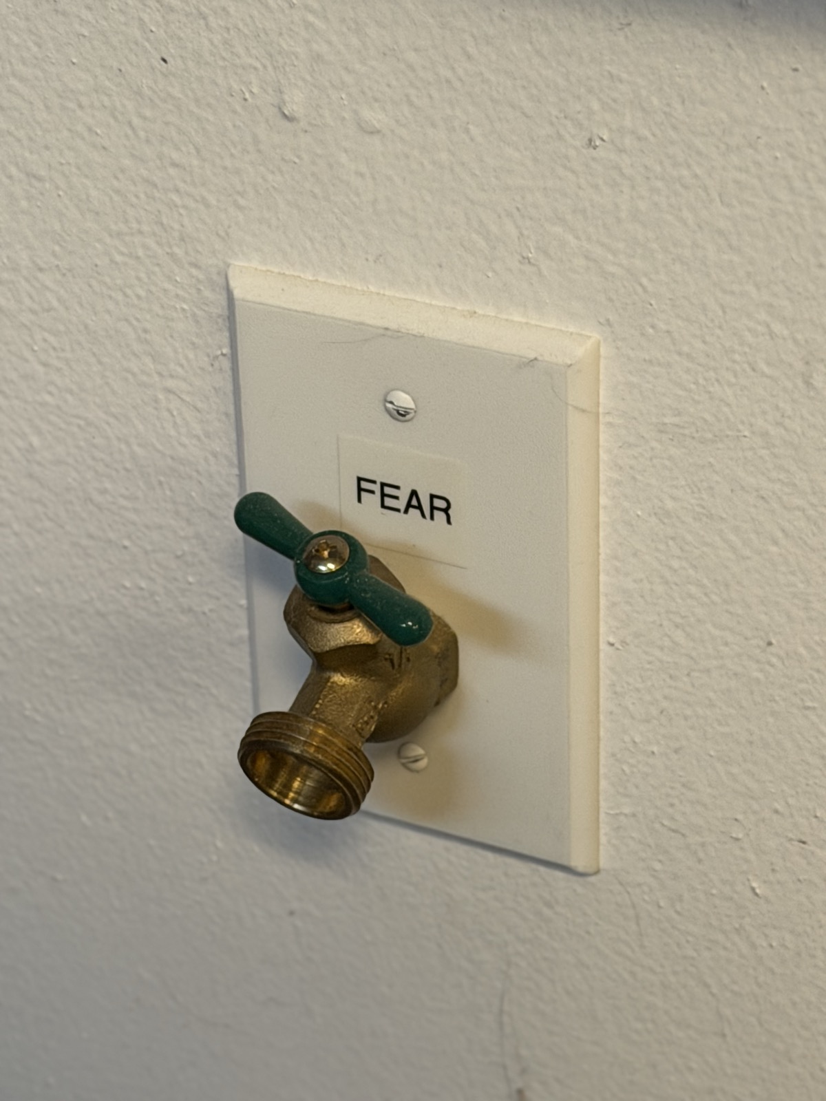 The FEAR spigot, a brass hose bibb mounted through a wall plate with a label reading FEAR above it