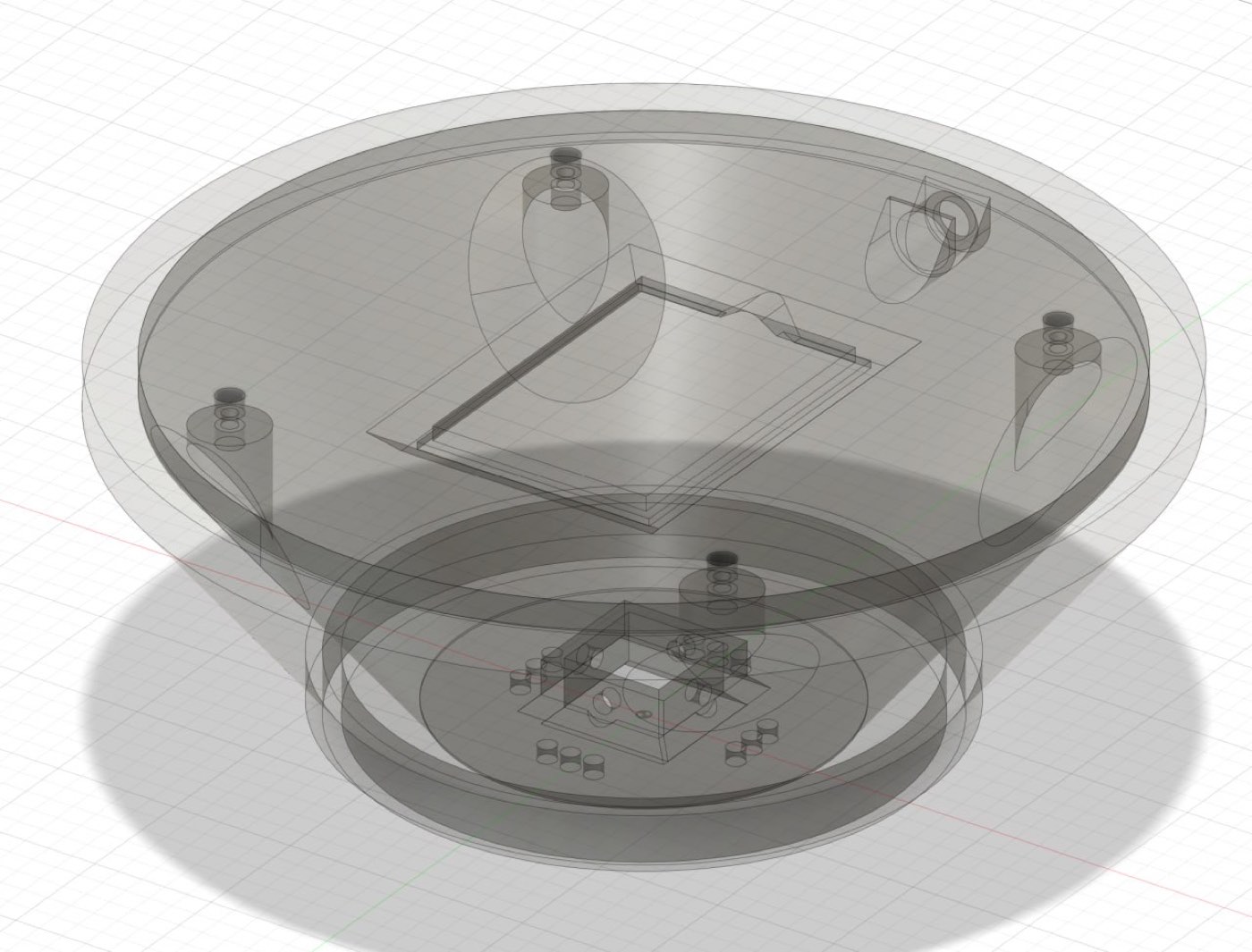 Fusion 360 detail of the base, drawn transparent, showing the platform and standoffs for the circuit board