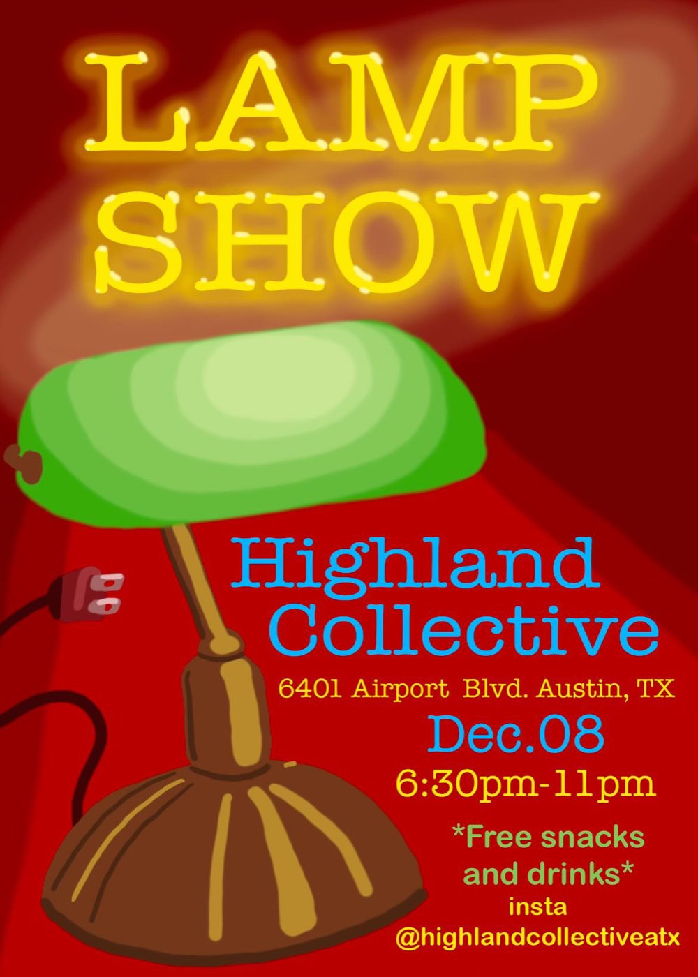 Poster for Lamp Show at Highland Collective, showing a green banker's lamp on a red background
